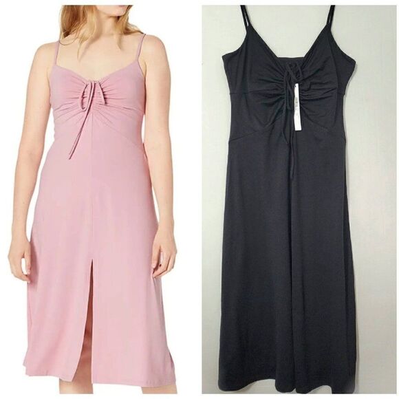 SUSANA MONACO - Size L -  Sweetheart Ruched A-Line Midi Front Slit Dress Black - Picture 1 of 6